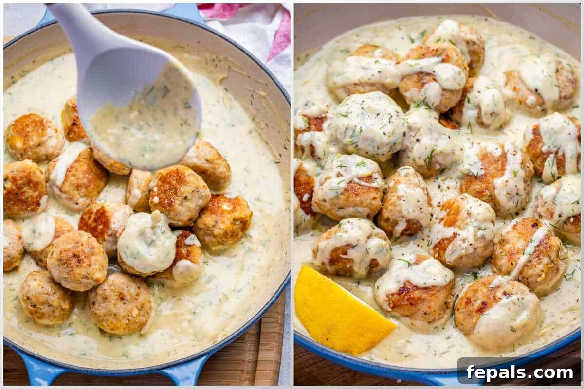 process shot to add meatballs in the lemon sauce and serving in a pan.