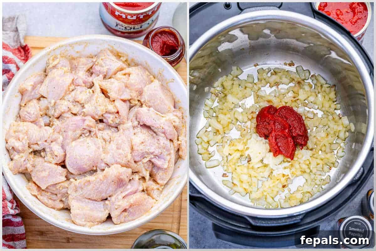 process shot to marinate chicken in a bowl, then saute the onion and tomato in the instant pot.