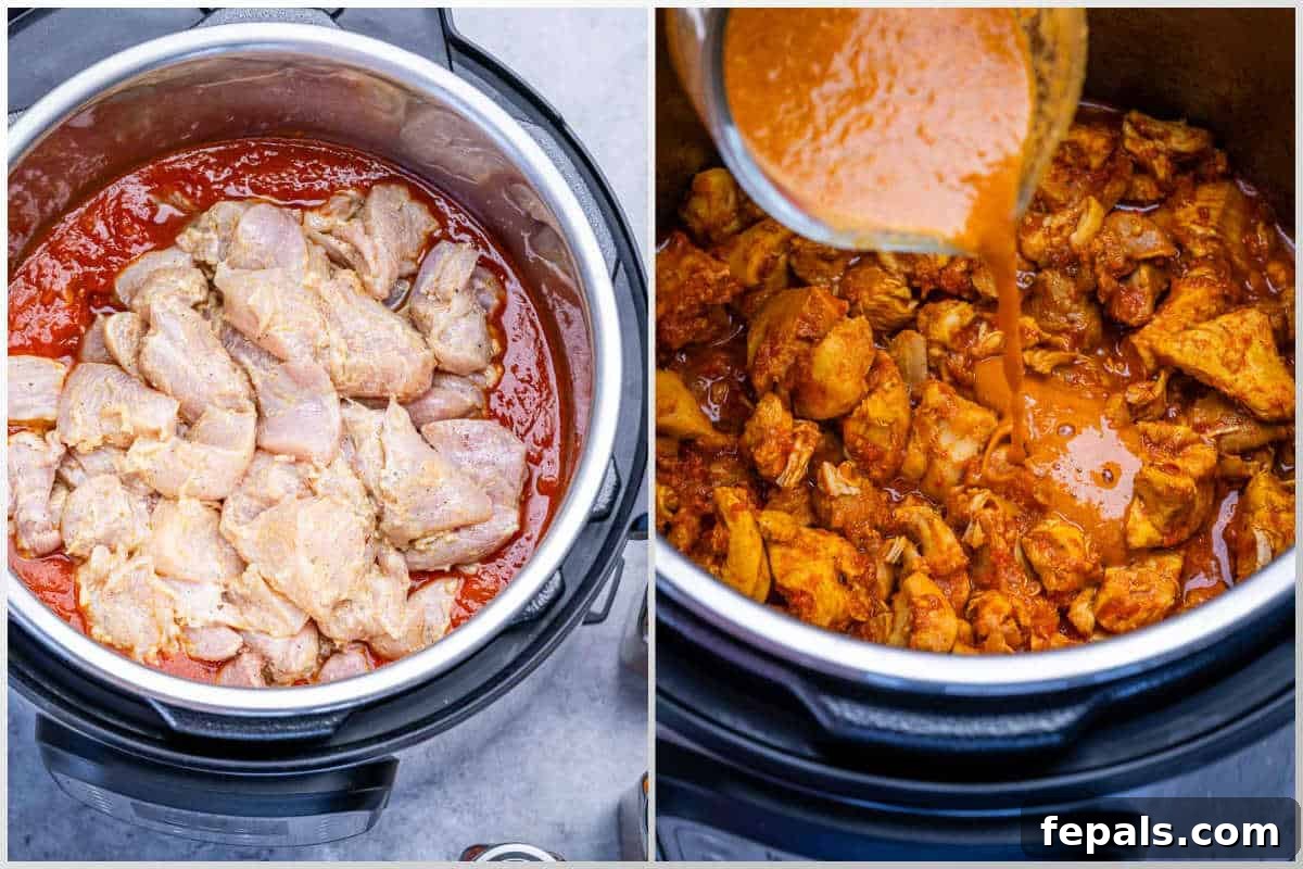 adding the chicken into the instant pot, cooking, and then adding the sauce.