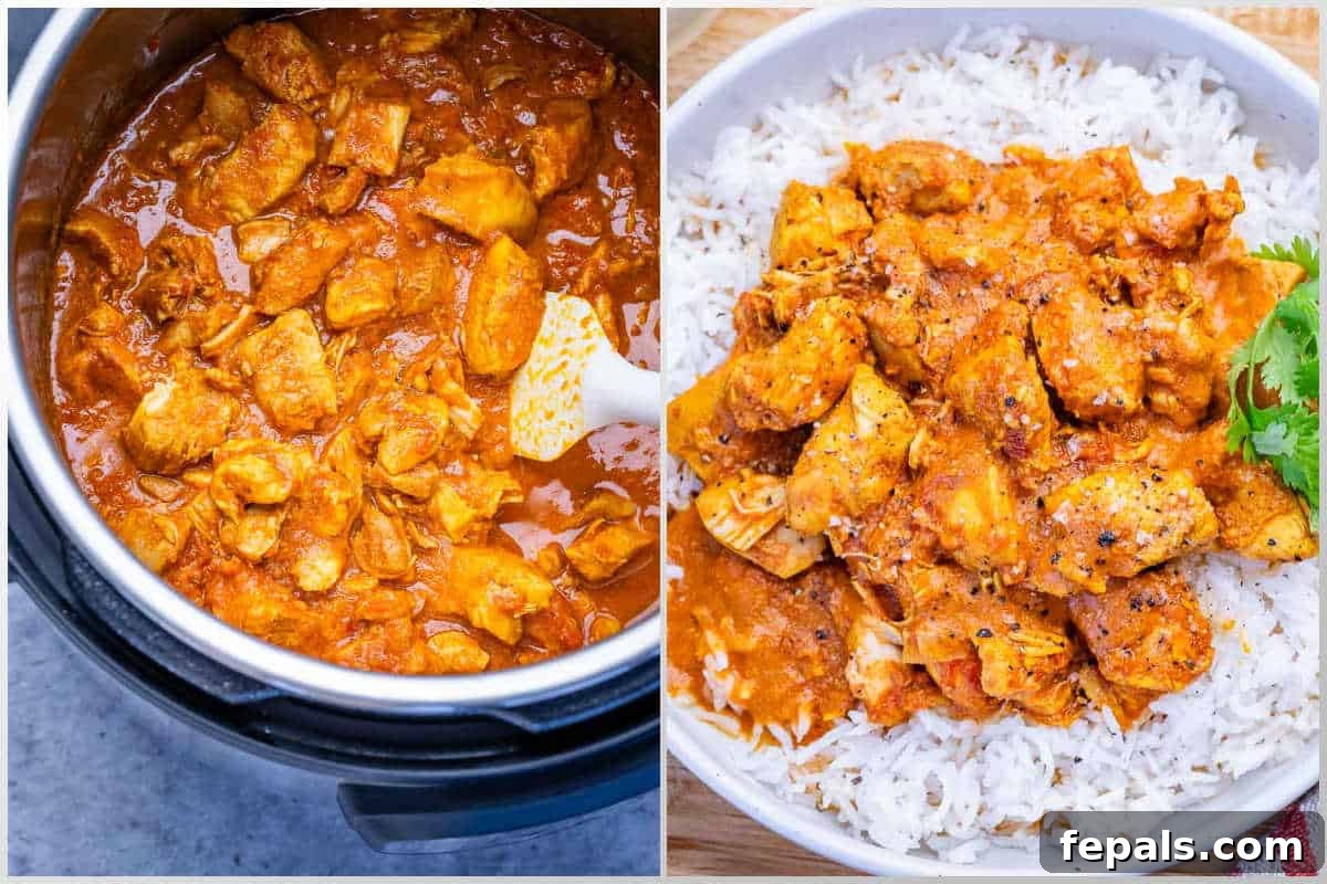 process shot cooking the butter chicken in the instant pot and then serving over rice.