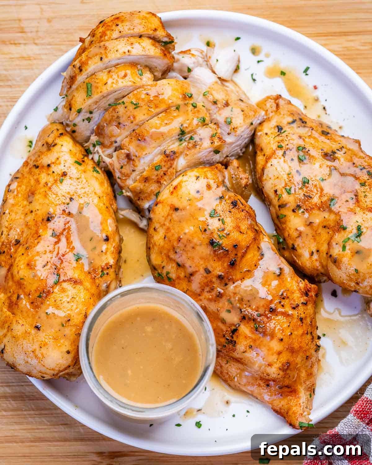 A white plate of instant pot chicken breasts with a jug of onion gravy.