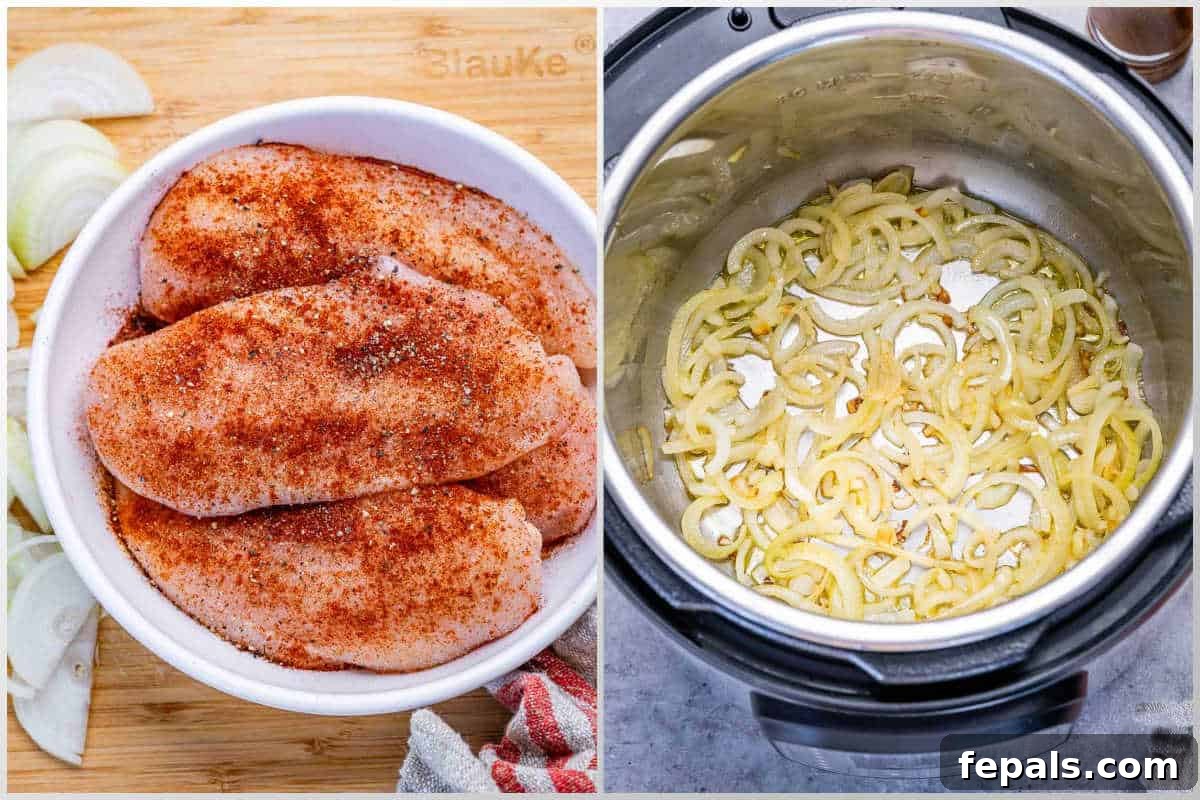 process shot to marinate the chicken in a bowl and sautee onions in the instant pot.