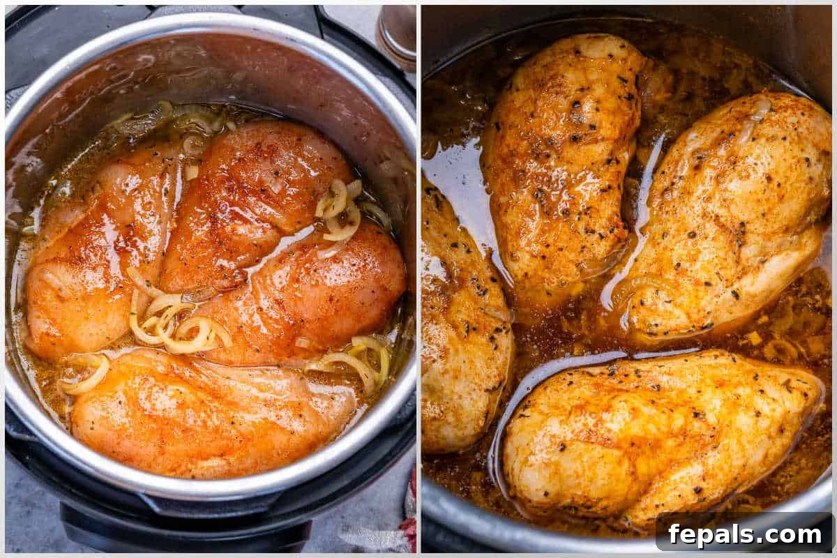 process shot of adding chicken into the sauteed onions in the instant pot and cooking it.