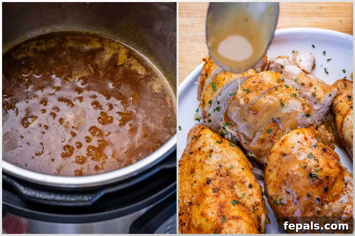 process shot for making the sauce in the instant pot and pouring over the chicken breast on a plate.