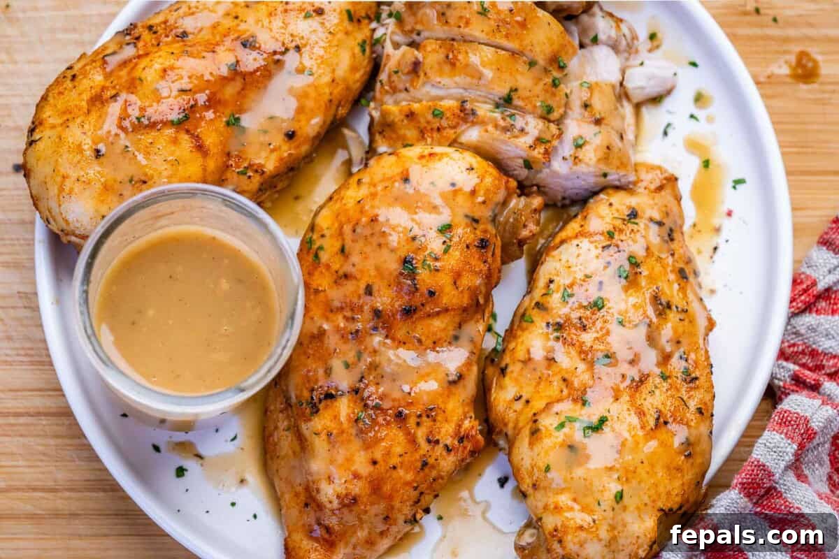 chicken breasts on a plate served with gravy.