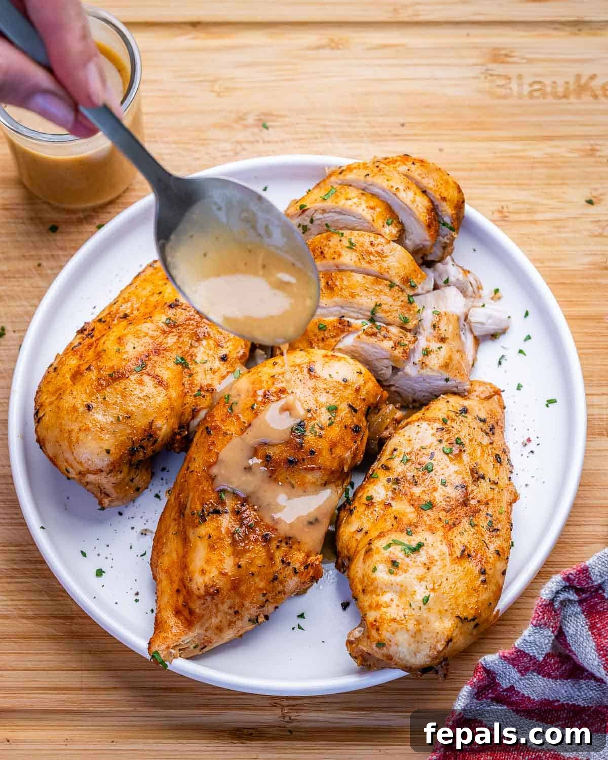 A spoon pouring onion gravy over cooked chicken breasts on a white plate.