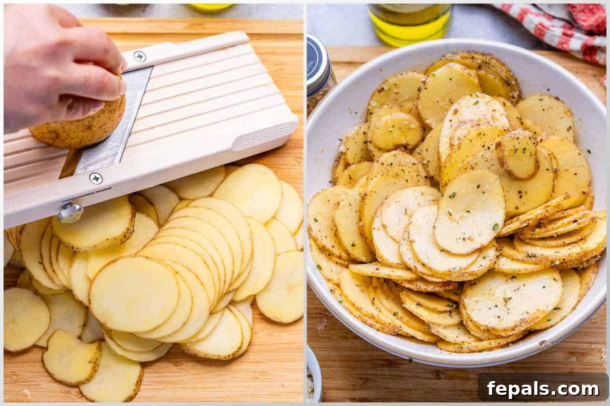 process shot to slice potatoes and seasoning them in a bowl.