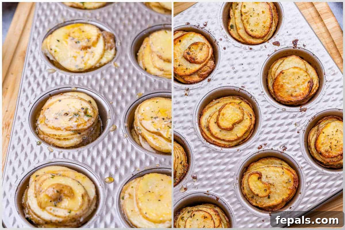 process shot of adding the seasoned potatoes in a muffin pan and baking.