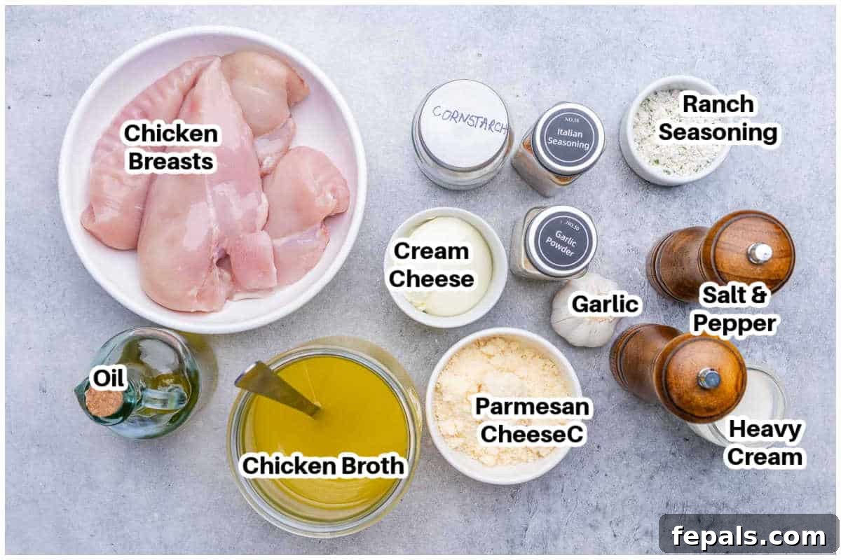 ingredients to make chicken alfredo in a slow cooker.