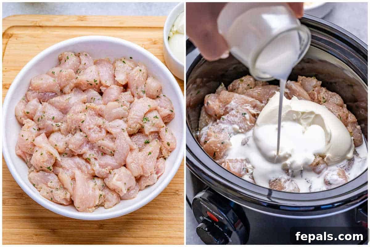 collage to season the chicken in a bowl and then adding it to the slow cooker with all the other ingerdients.