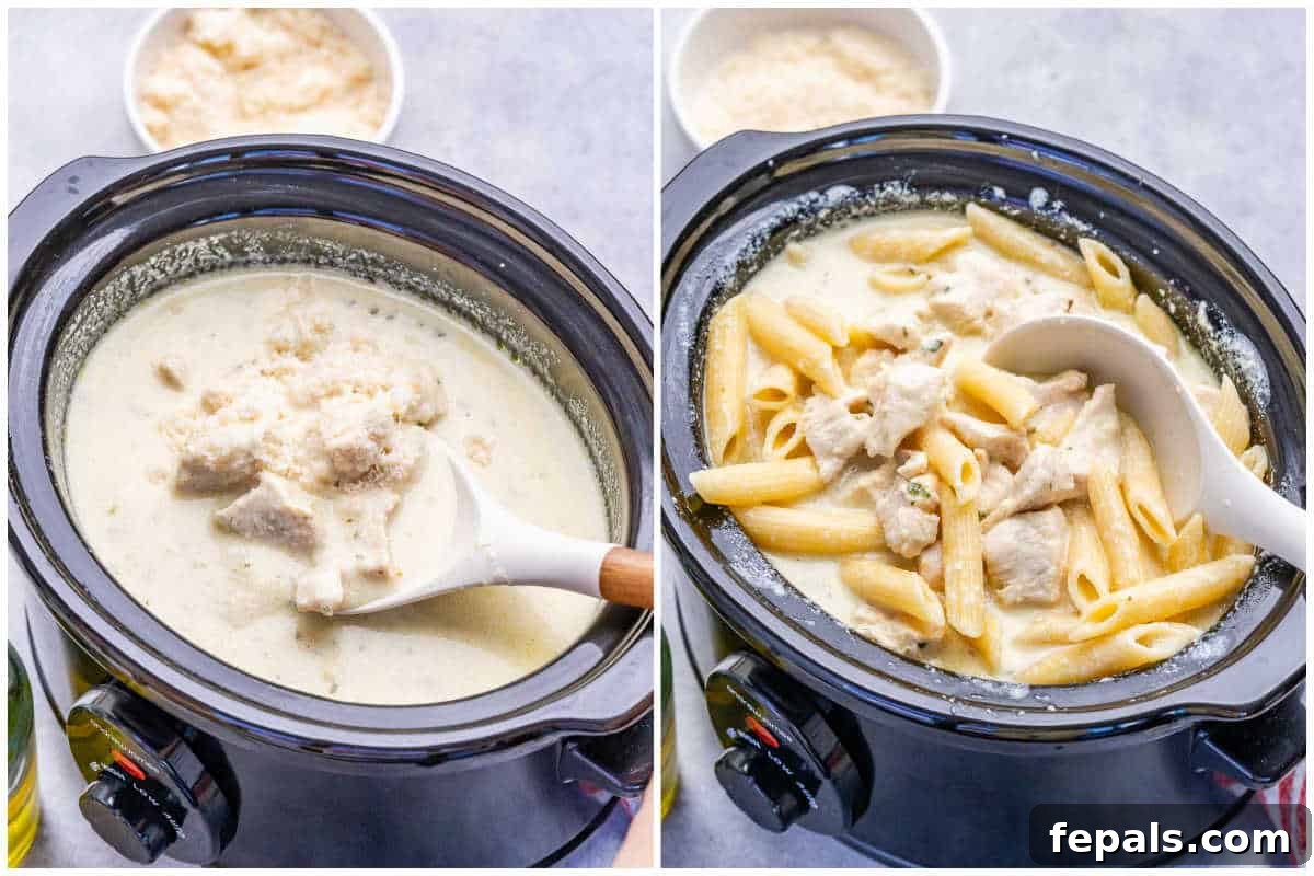 process shot of making the creamy chicken sauce for alfredo in slow cooker and then adding the pasts.