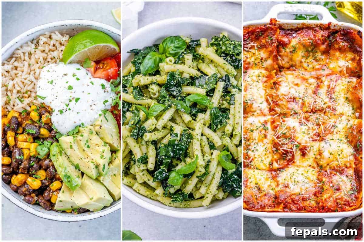 collage of 3 vegetarian dinners.