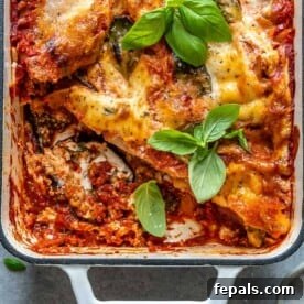 eggplant lasagna in a white casserole dish