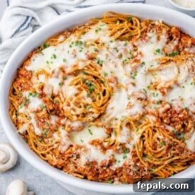 top view spaghetti in a white dish casserole