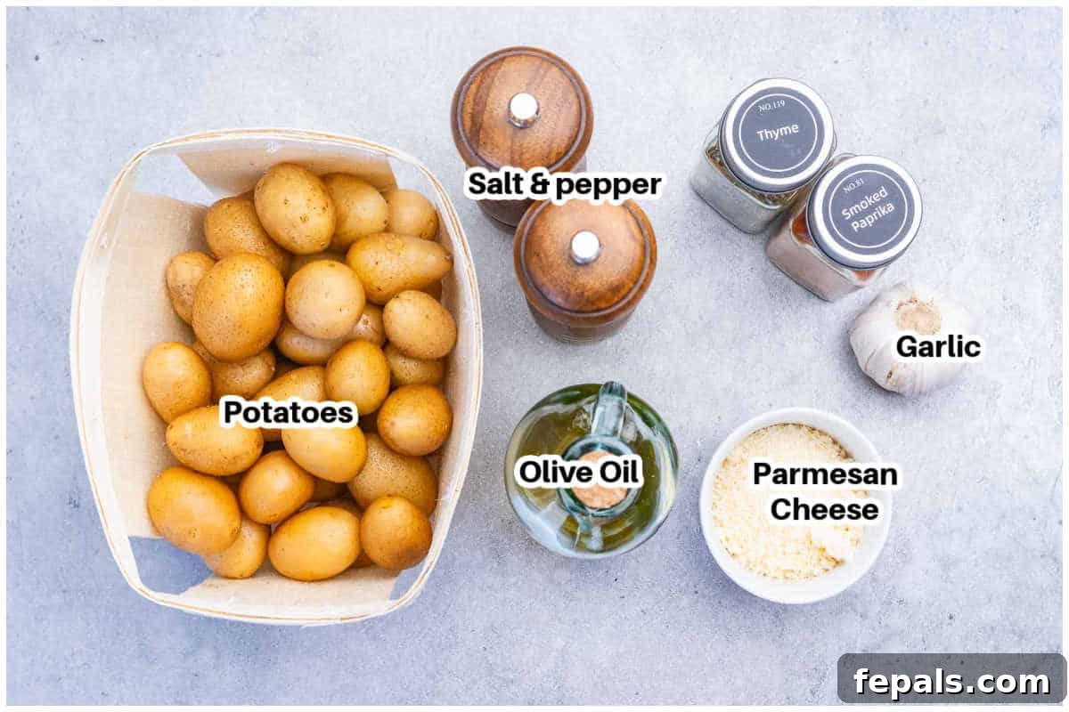 ingredients for air fryer baby potatoes with garlic and parmesan.