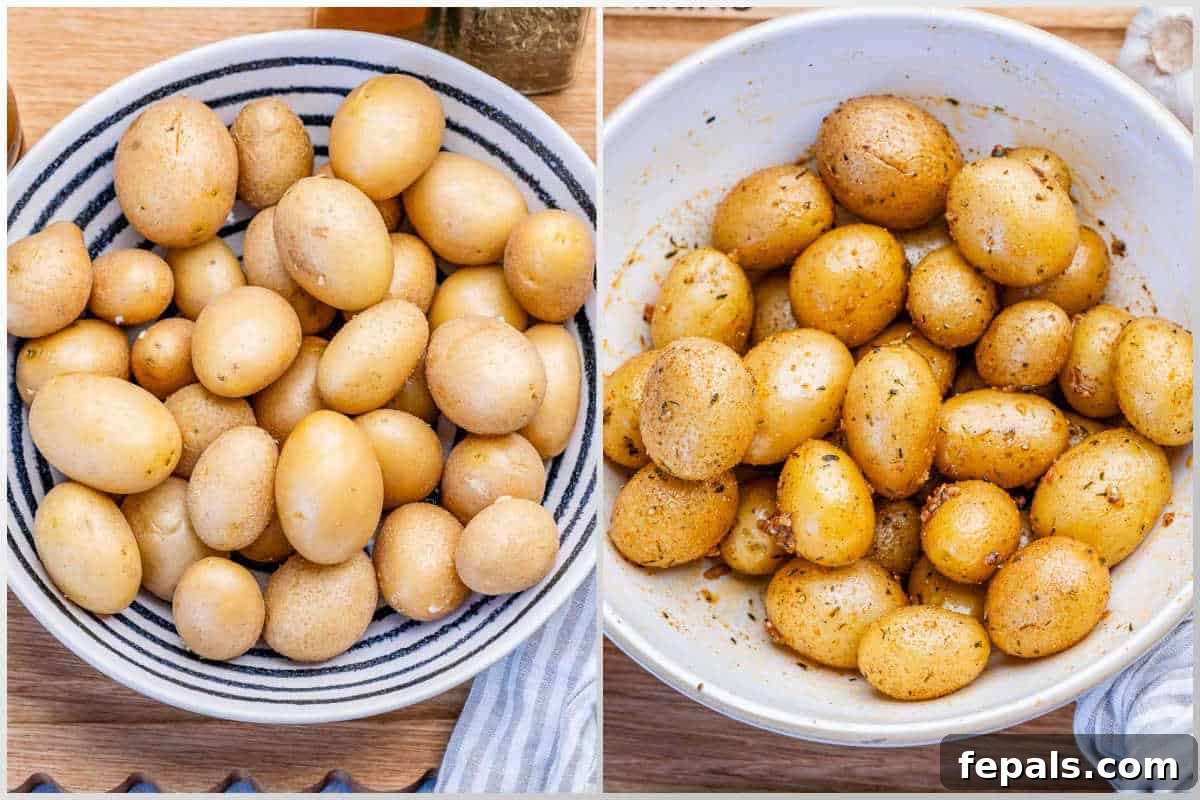 baby potatoes washed and seasoned in a bowl.