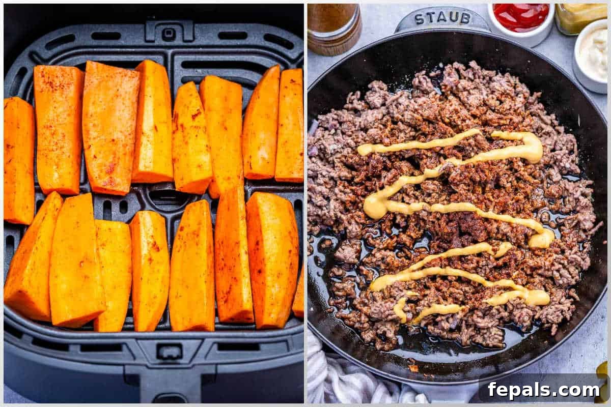 Process shot of cooking the sweet potatoes in an air fryer and browning the beef in a skillet.