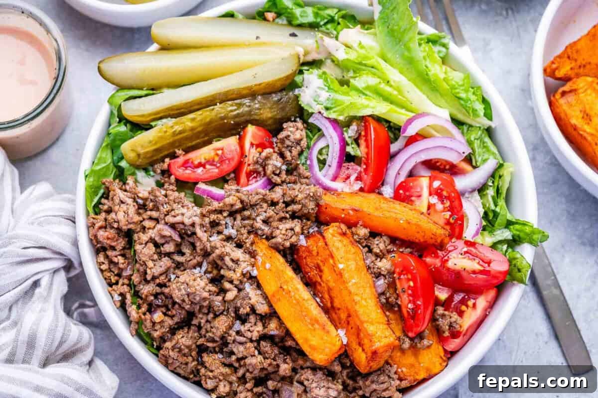 cheeseburger bowl assembled in a round dish.