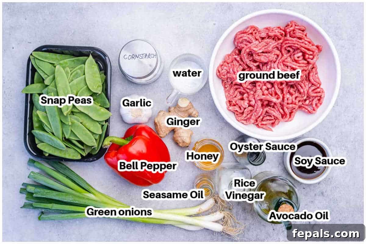 Ingredients for ground beef stir fry.