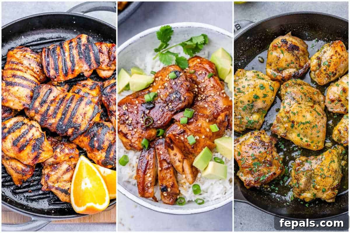 Weeknight Boneless Chicken Thigh Recipes 2 3 chicken thigh recipes in a collage.