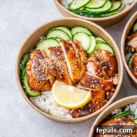 Weeknight Boneless Chicken Thigh Recipes 12 A round bowl with sliced chicken and cucumber is served with white rice.