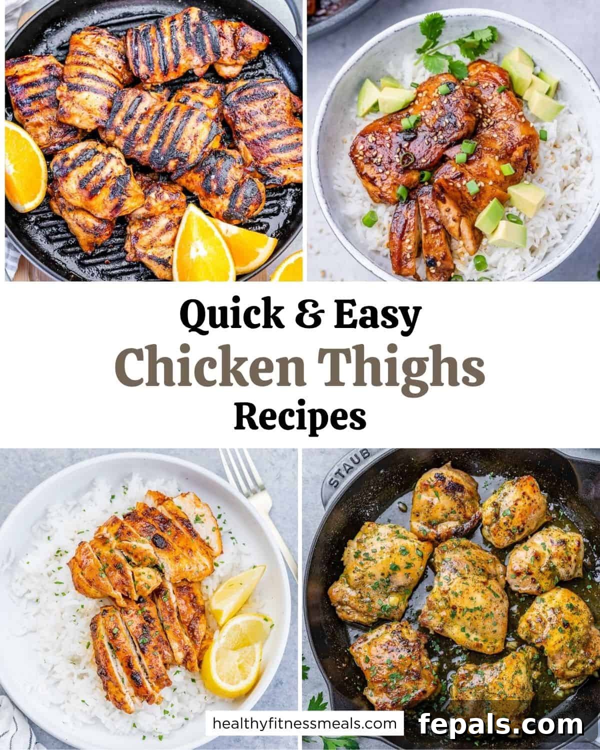 Weeknight Boneless Chicken Thigh Recipes 14 4 chicken thigh recipes in a collage.
