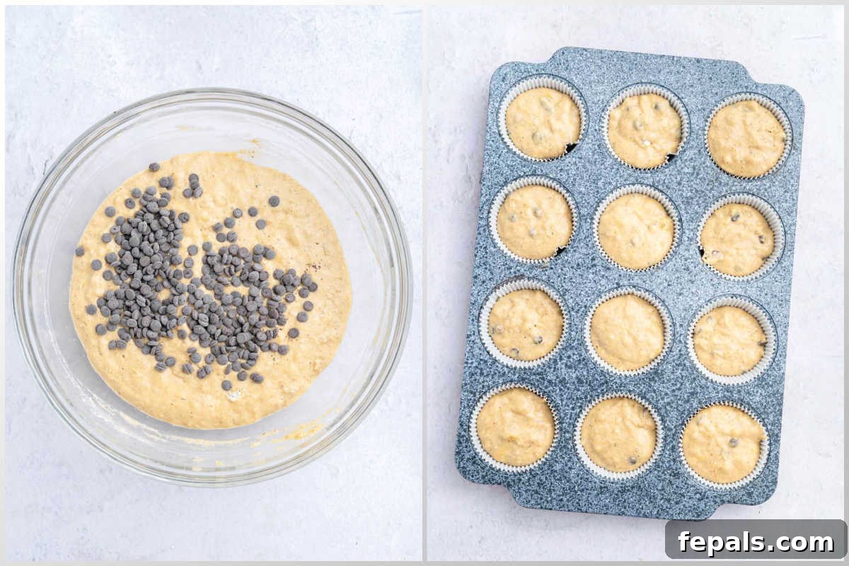 process shot to add chocolate chips to the batter and adding them into muffin tin.