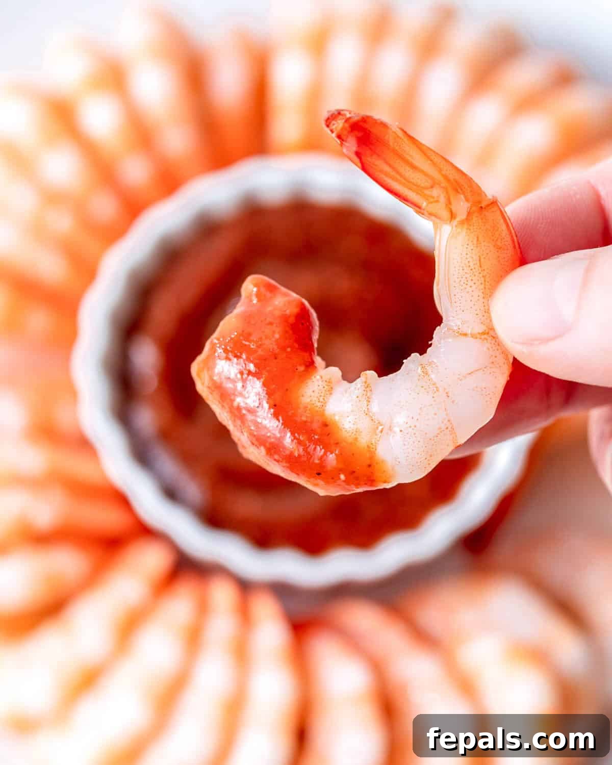 hand holding a shrimp dipped in cocktail sauce.