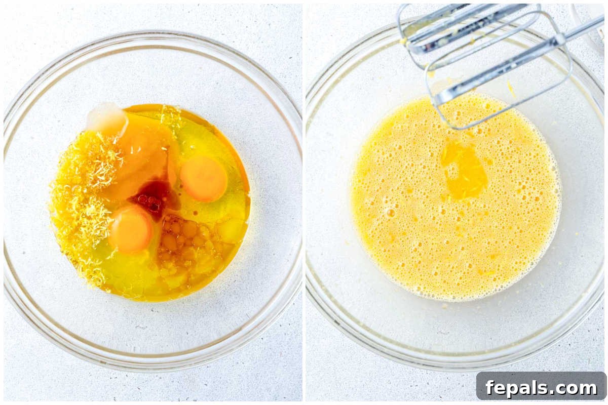 preparing the wet ingredients for the olice oil cake.