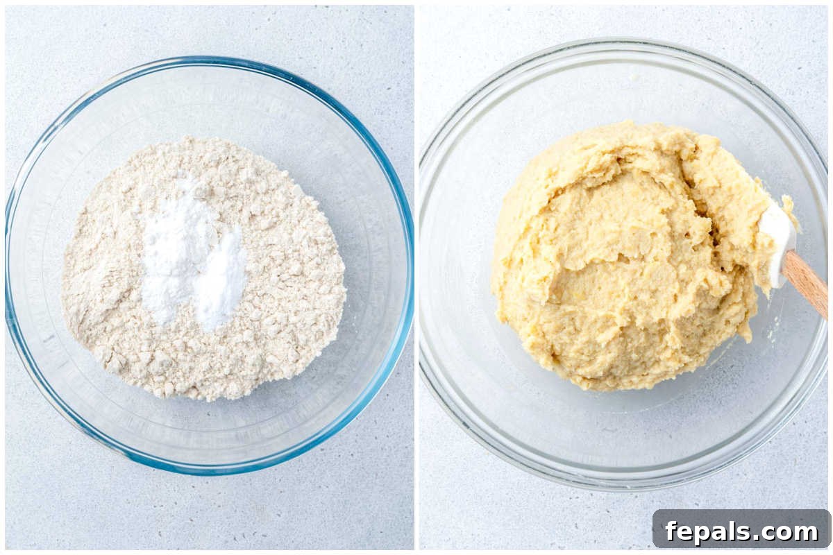 mixing the wet and dry ingredients in a bowl.