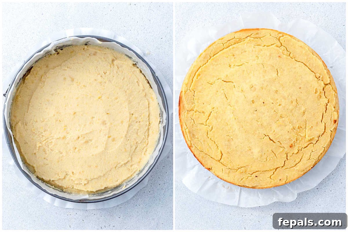 adding the batter to a pan and baking the cake.