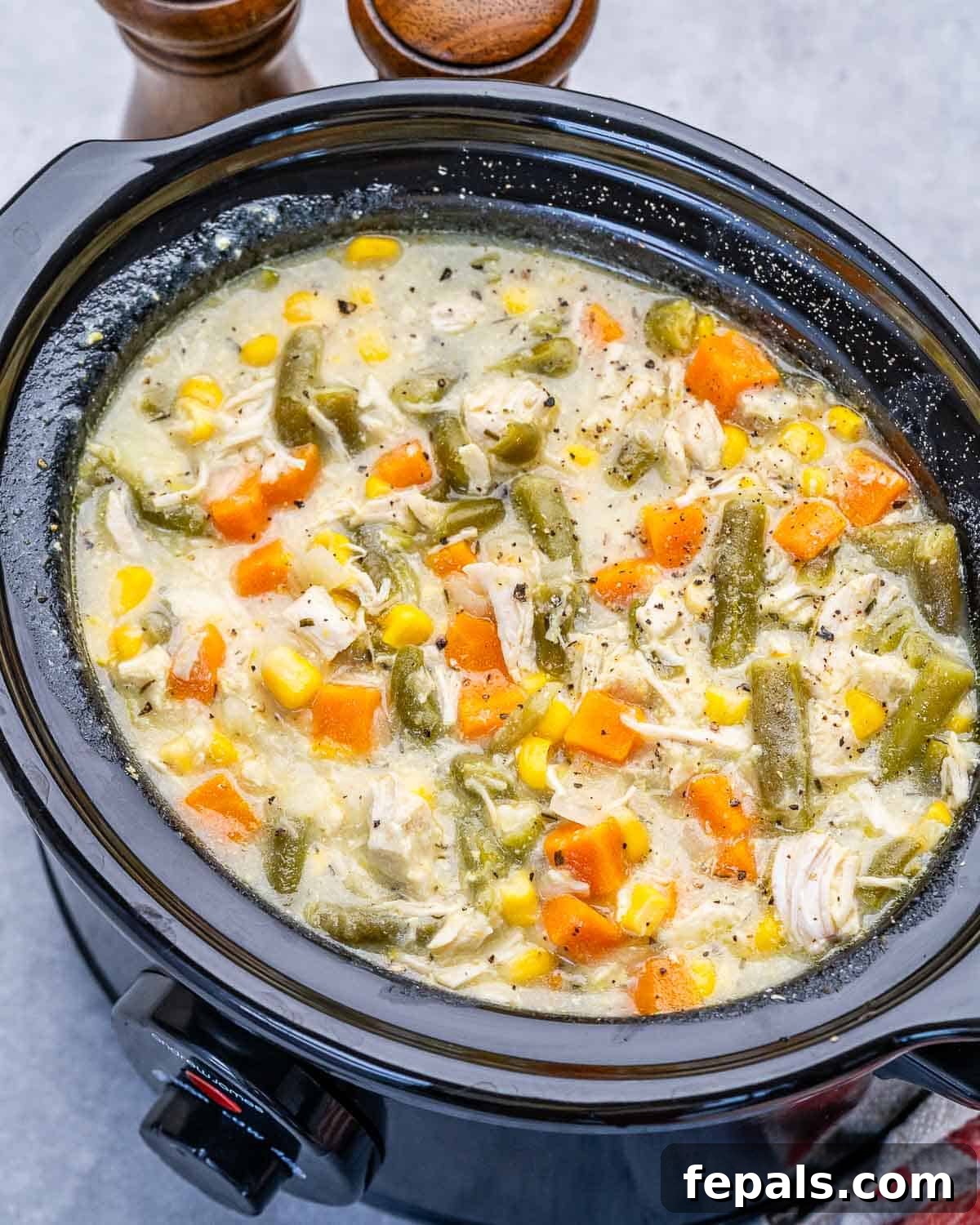 A crockpot filled with chicken pot pie filling.