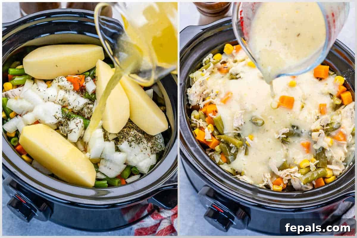 pouring broth and milk into the slow cooker with the veggies and chicken.