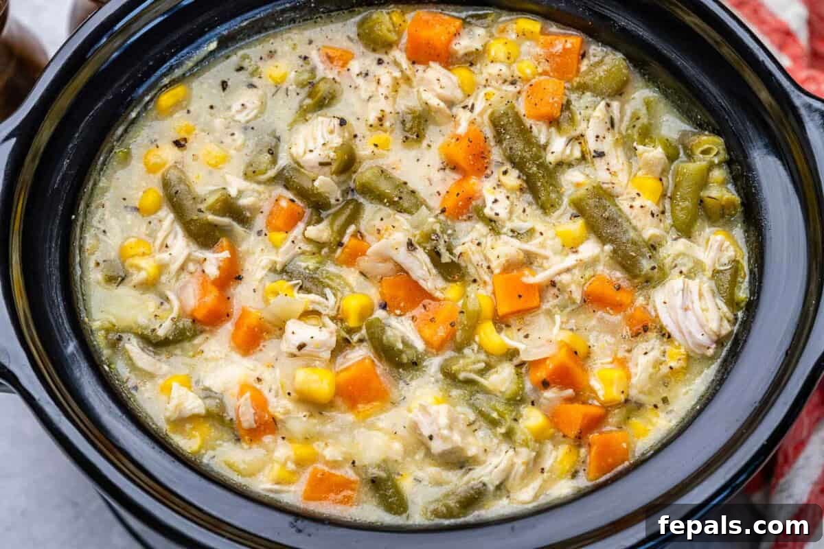 cooked chicken pot pie in the slow cooker.