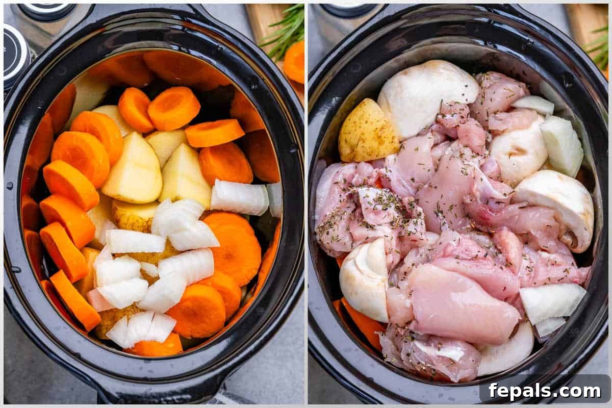 adding the chicken stew ingredients into the slow cooker.