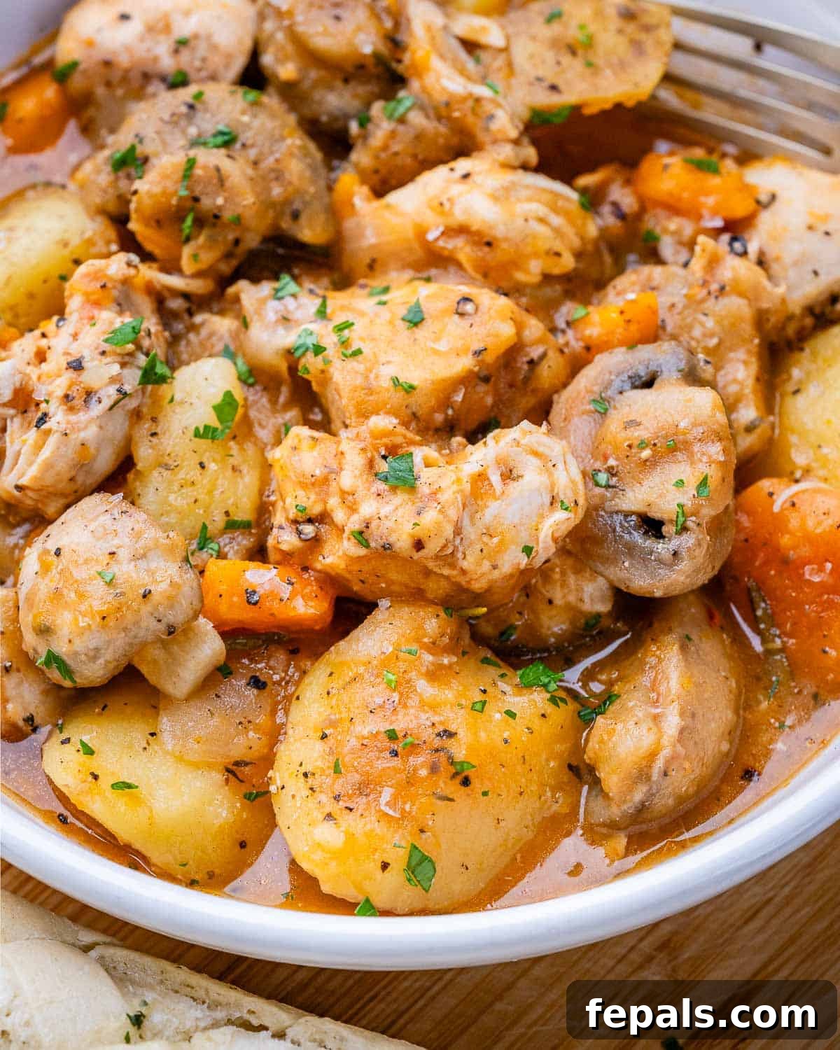A closeup of crockpot chicken stew in a white bowl.