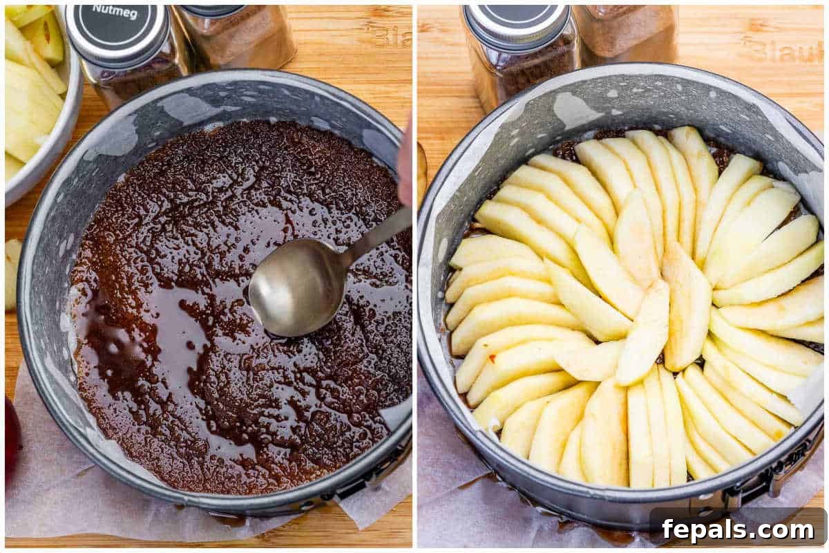 Apple Upside-Down Cake Recipe with Caramelized Apples 4 process shot to add the sugar to the base of the pan and then adding sliced apples.