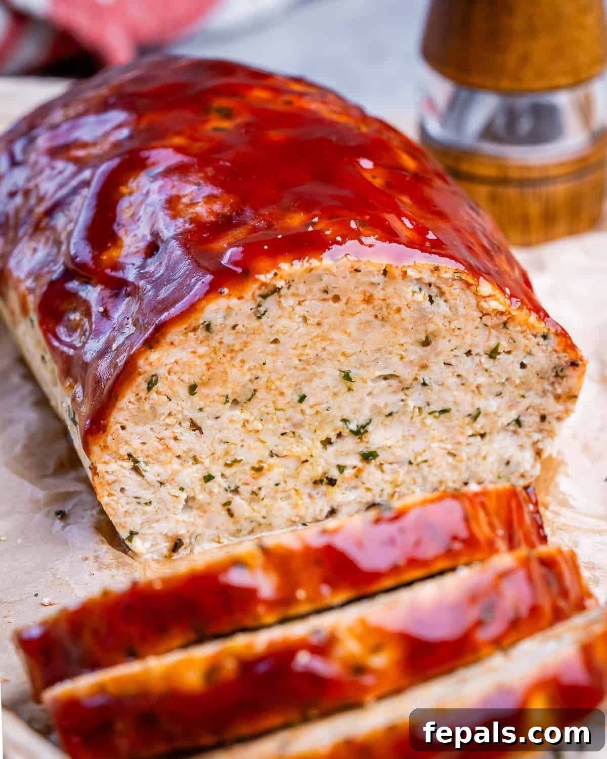 A loaf of chicken meatloaf glazed with bbq sauce which has been sliced.