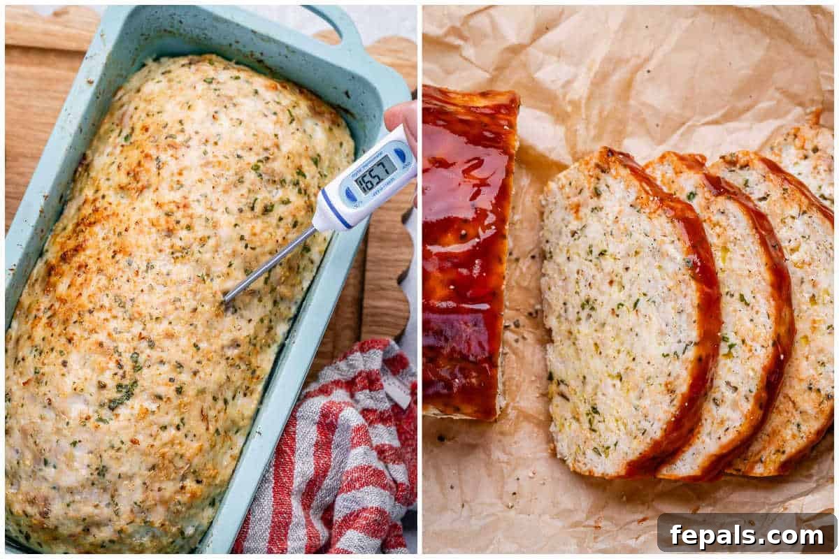 process shot of cooked meatloaf in pan and then sliced over a parchment paper.
