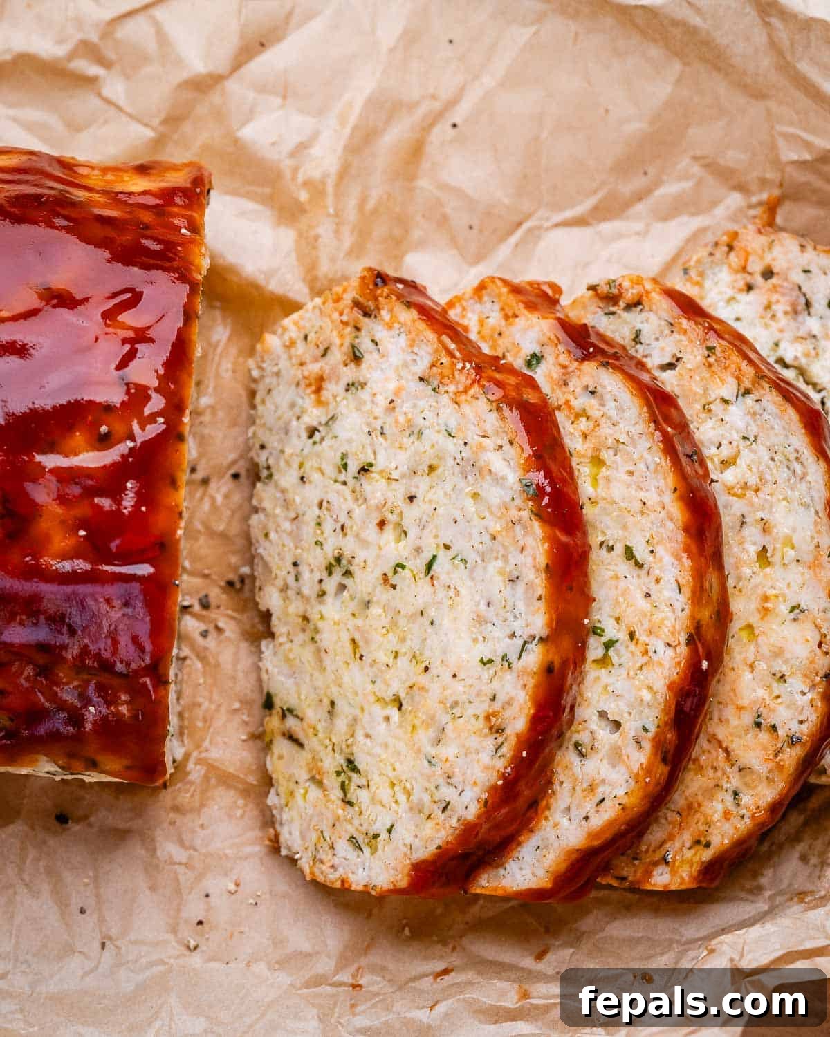 Meatloaf slices over parchment paper.