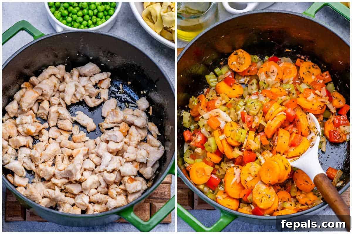 process shot to cook the chicken and adding the veggies to be sauteed in pan.