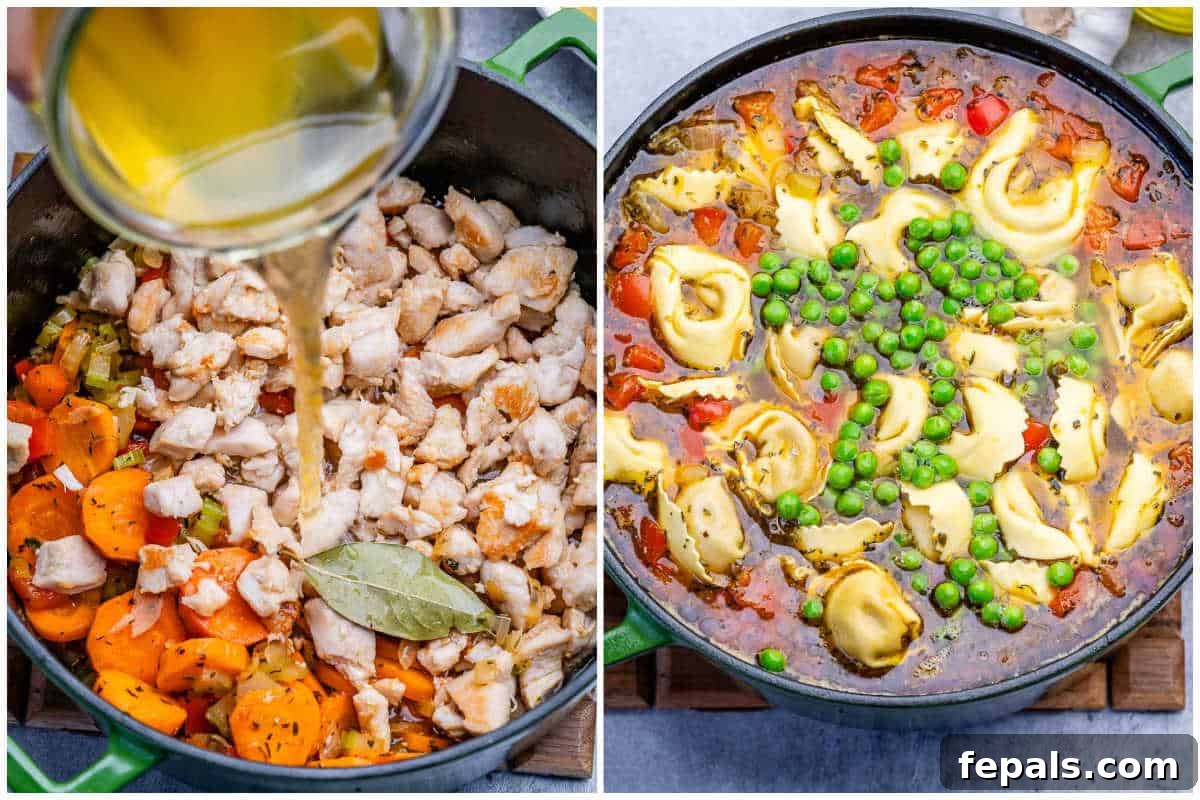 process shot to add broth over chicken and veggies in a pot
