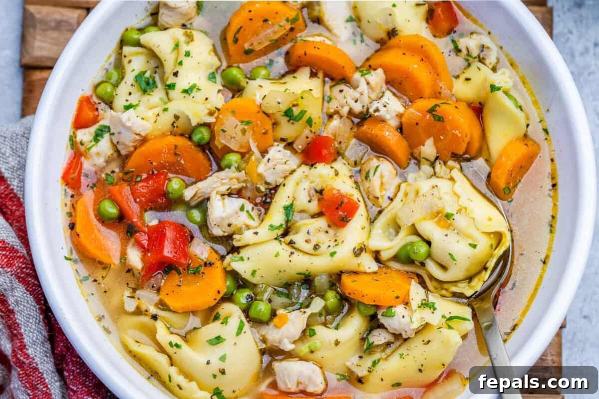 A close-up of a bowl of chicken tortellini soup with carrots, peas, and bell pepper.