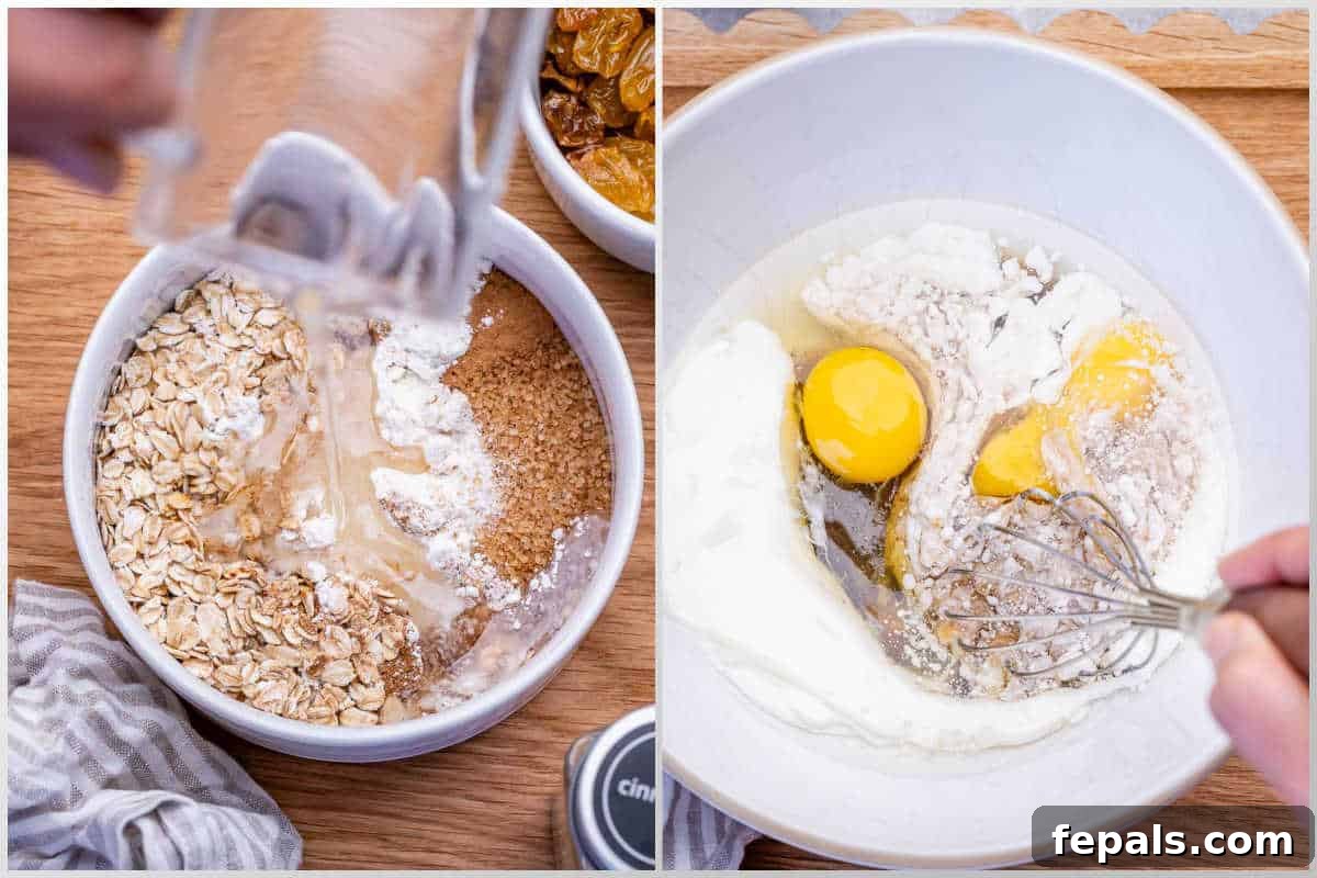 Cinnamon Streusel Muffins Recipe with Brown Sugar Crumble 4 process shot to make the Streusel mixture and the wet ingredients in a bowl.