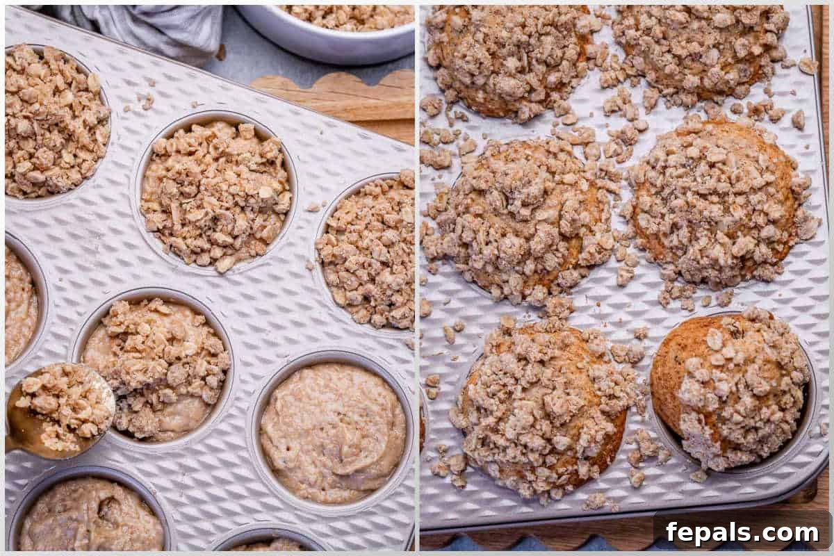 Cinnamon Streusel Muffins Recipe with Brown Sugar Crumble 6 process shot of adding batter into the muffin tin pan and then baking.