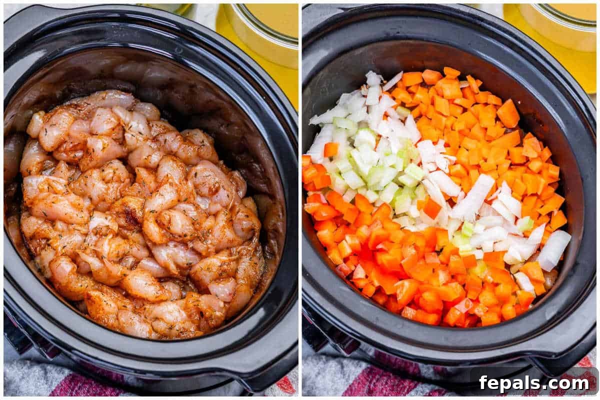 process shot to add the chicken to the slow cooker and adding the veggies over it.