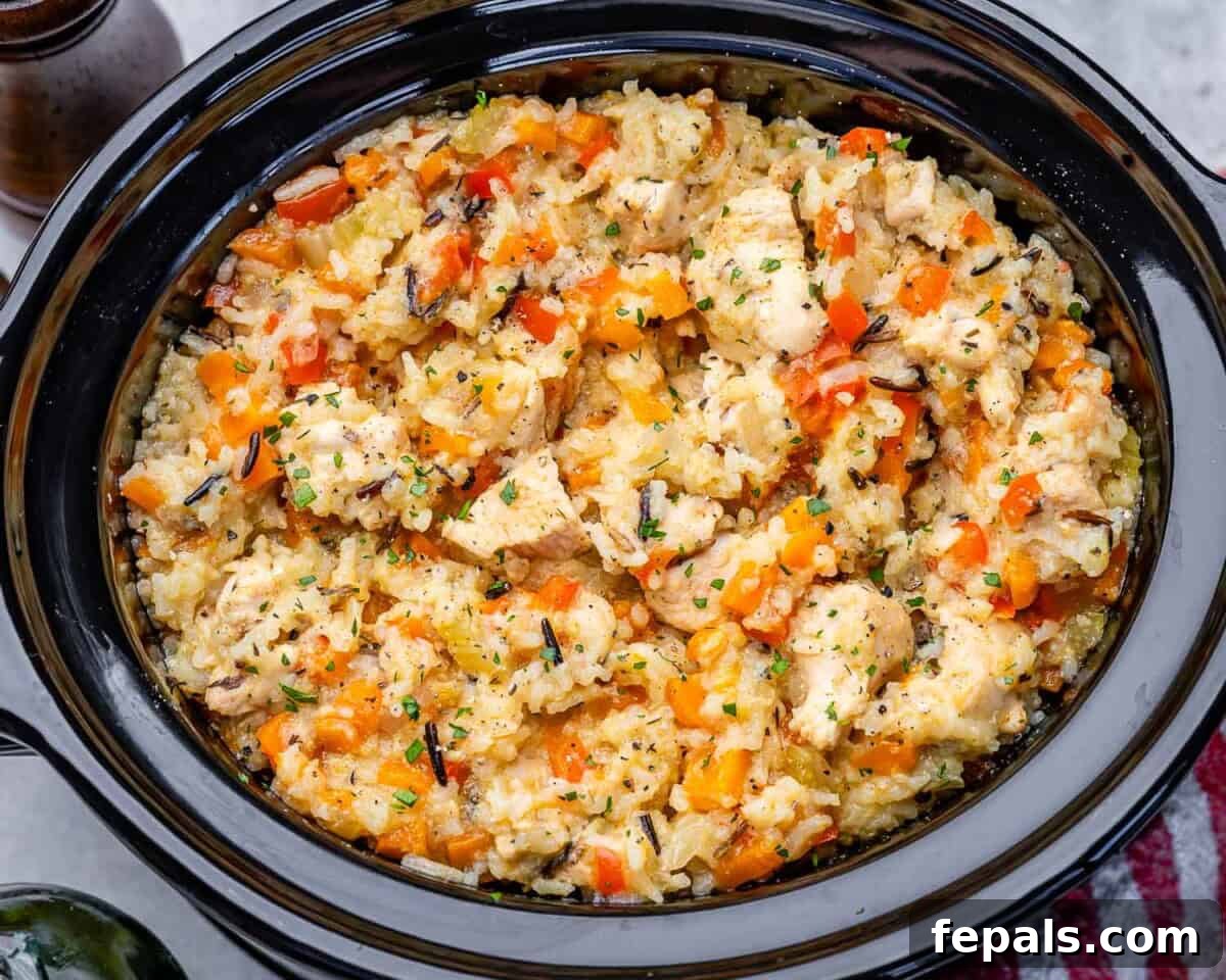 chicken and rice cooked in a slow cooker.