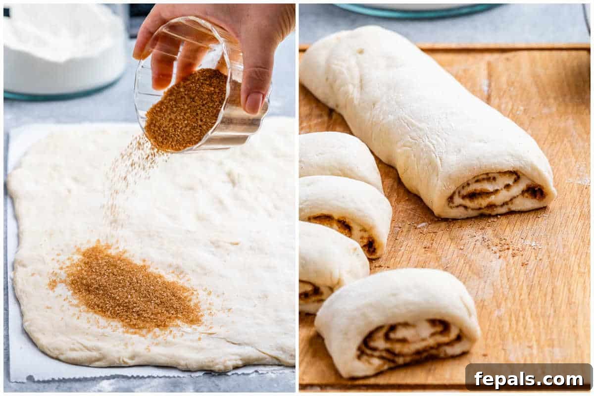 Greek Yogurt Cinnamon Rolls: Soft, Tangy, Homemade 5 process shot to add the cinnamon sugar to the dough, roll it, and slice them into rolls.