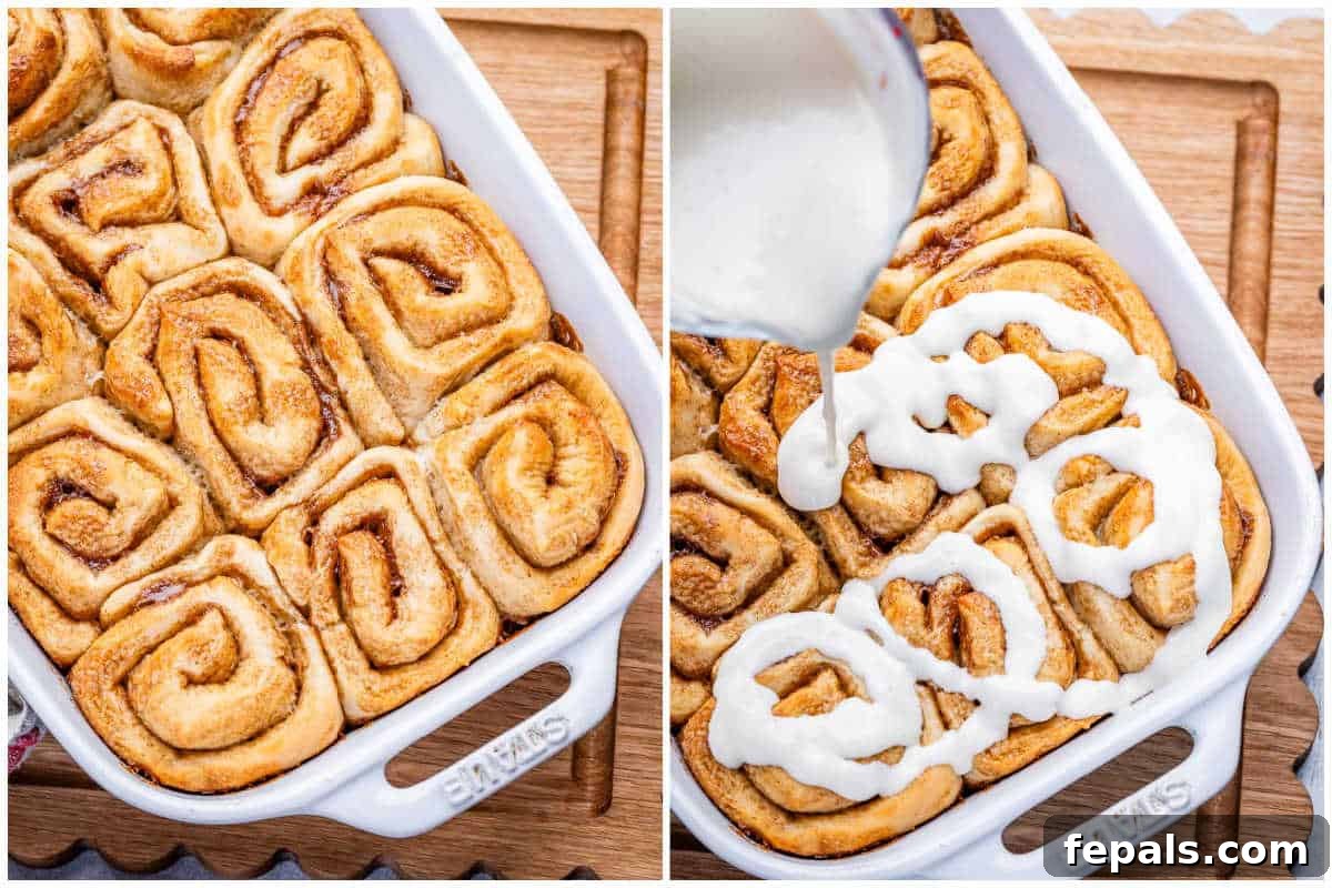 Greek Yogurt Cinnamon Rolls: Soft, Tangy, Homemade 6 baked cinnamon rolls in a dish topped with creamy sugar glaze.