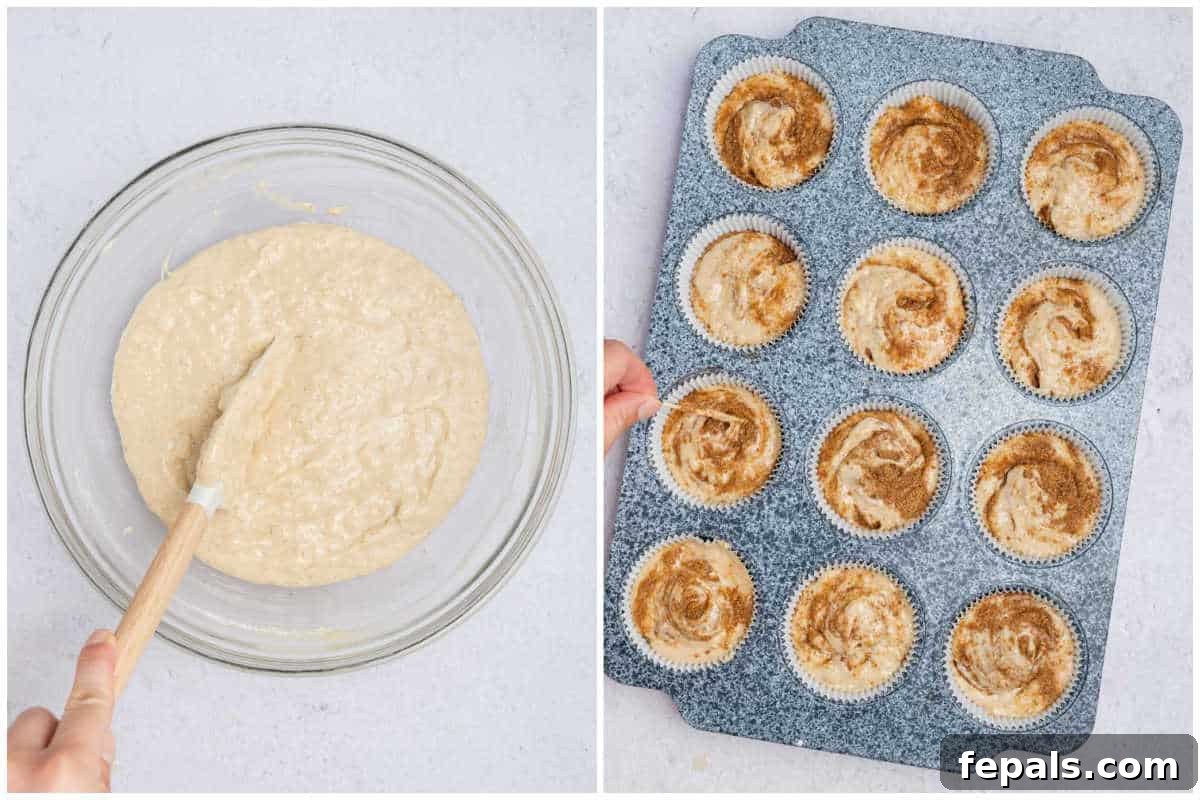 process shot to make the batter and adding them to muffin pan.